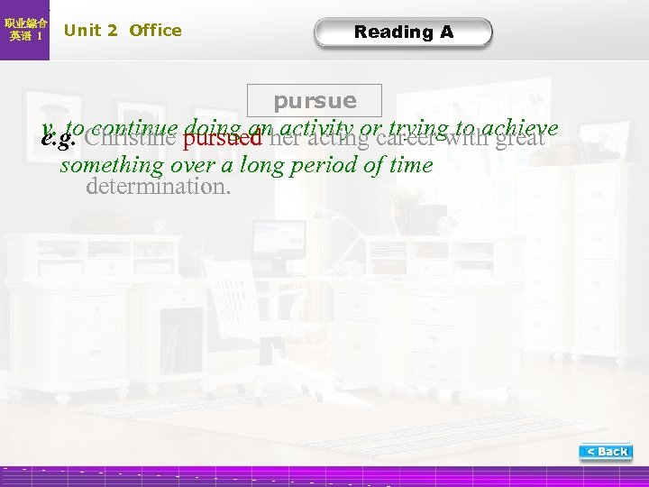 职业综合 英语 1 Unit 2 Office Reading A pursue v. to. Christine pursued her