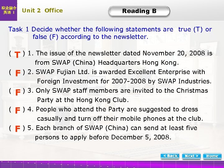 职业综合 英语 1 Unit 2 Office Reading B B-Task 1 Decide whether the following