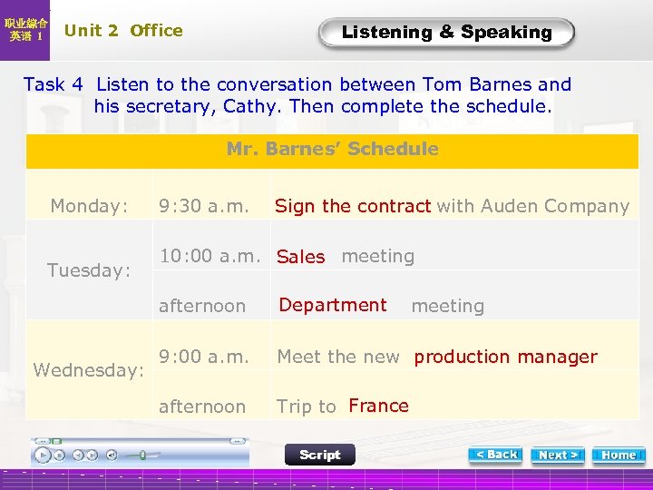 职业综合 英语 1 Listening & Speaking Unit 2 Office L-Task 4 Listen to the