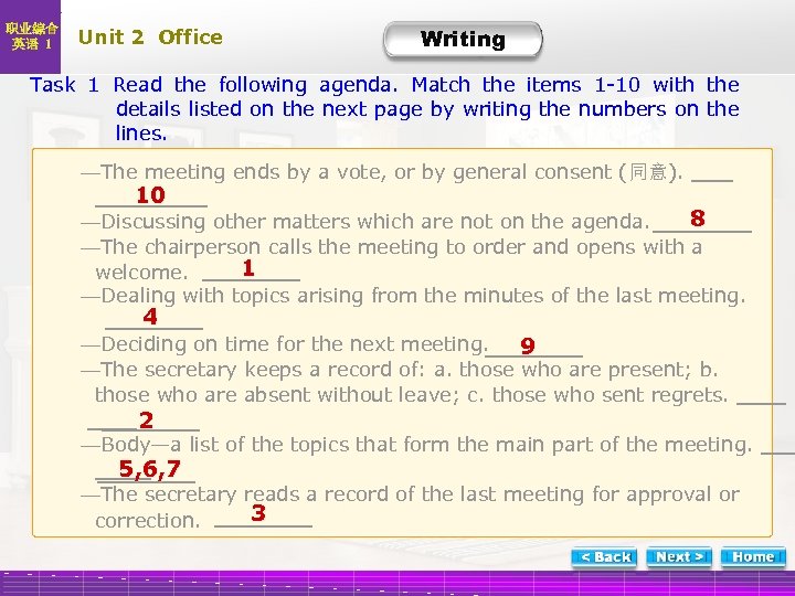 职业综合 英语 1 Unit 2 Office Writing W-Task 1 Read the following agenda. Match