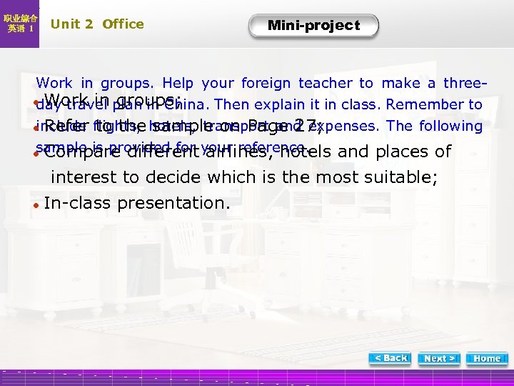 职业综合 英语 1 Unit 2 Office Mini-project Work in groups. Help your foreign teacher