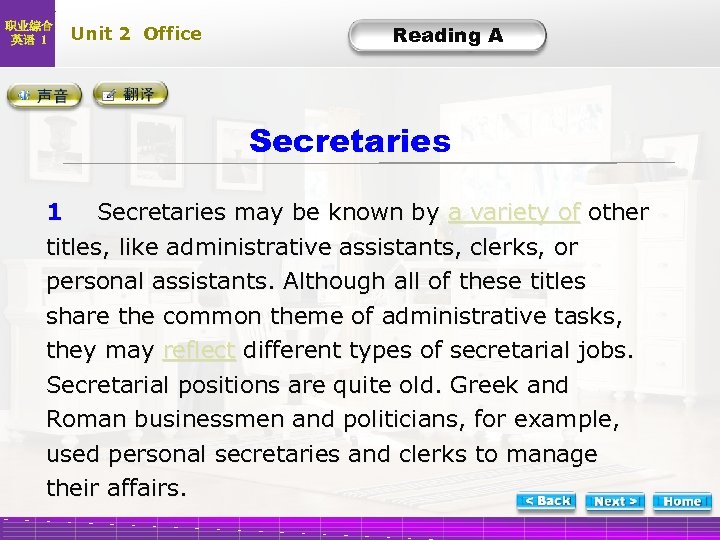 职业综合 英语 1 Unit 2 Office Text A Reading A -1 Secretaries 1 Secretaries