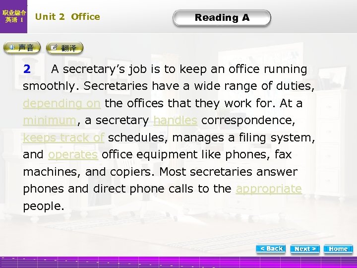 职业综合 英语 1 Unit 2 Office Text A Reading A -2 -1 2 A