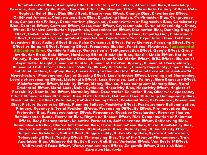 Actor-observer Bias, Ambiguity Effect, Anchoring or Focalism, Attentional Bias, Availability Cascade, Availability Heuristic, Backfire