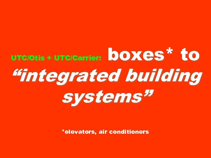 UTC/Otis + UTC/Carrier: boxes* to “integrated building systems” *elevators, air conditioners 