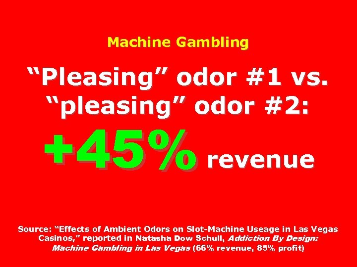 Machine Gambling “Pleasing” odor #1 vs. “pleasing” odor #2: +45% revenue Source: “Effects of