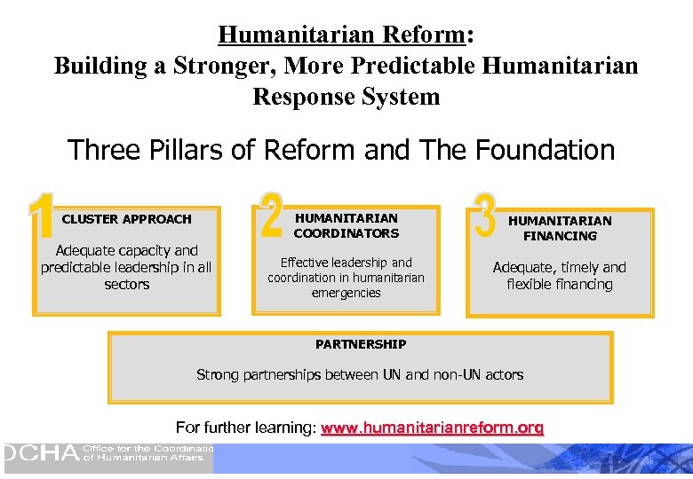 Humanitarian Reform: Building a Stronger, More Predictable Humanitarian Response System Three Pillars of Reform