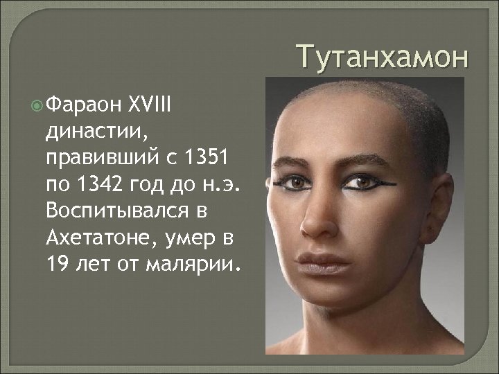 Тутанхамон Фараон XVIII династии, правивший с 1351 по 1342 год до н. э. Воспитывался