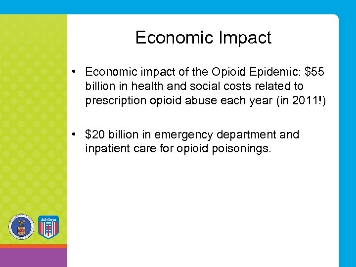 Economic Impact • Economic impact of the Opioid Epidemic: $55 billion in health and