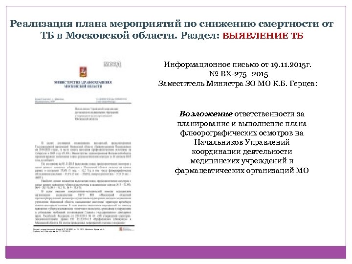 Реализация плана мероприятий по снижению смертности от ТБ в Московской области. Раздел: ВЫЯВЛЕНИЕ ТБ