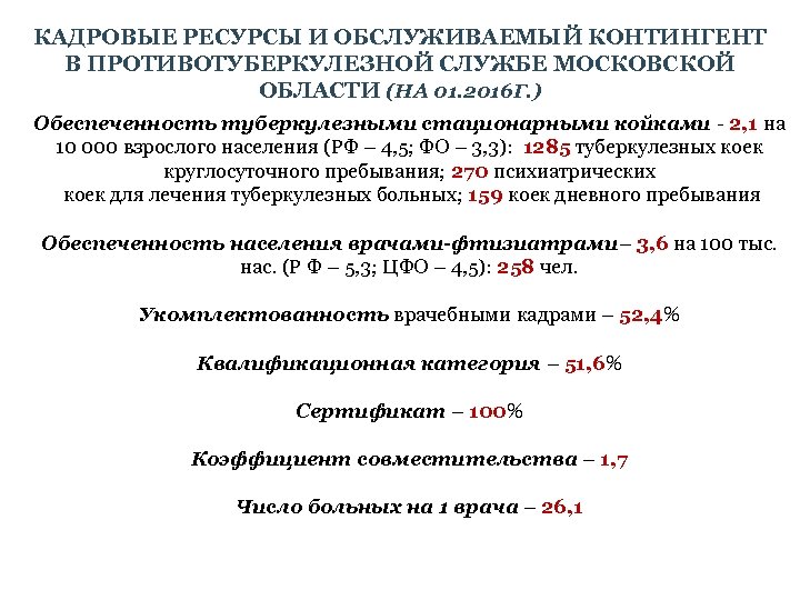 КАДРОВЫЕ РЕСУРСЫ И ОБСЛУЖИВАЕМЫЙ КОНТИНГЕНТ В ПРОТИВОТУБЕРКУЛЕЗНОЙ СЛУЖБЕ МОСКОВСКОЙ ОБЛАСТИ (НА 01. 2016 Г.