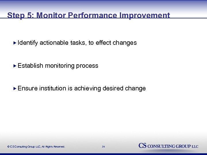Step 5: Monitor Performance Improvement Identify actionable tasks, to effect changes Establish Ensure monitoring