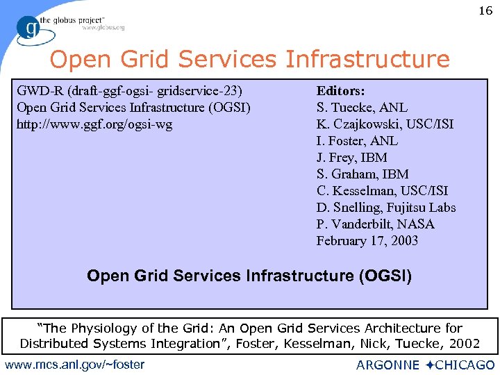16 Open Grid Services Infrastructure GWD-R (draft-ggf-ogsi- gridservice-23) Open Grid Services Infrastructure (OGSI) http:
