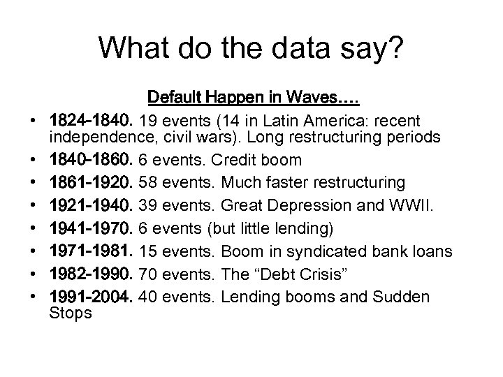 What do the data say? • • Default Happen in Waves…. 1824 -1840. 19