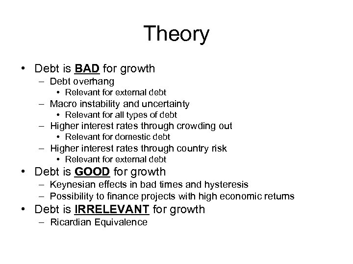 Theory • Debt is BAD for growth – Debt overhang • Relevant for external