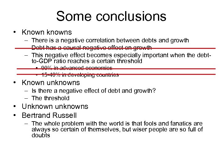 Some conclusions • Known knowns – There is a negative correlation between debts and