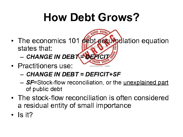 How Debt Grows? • The economics 101 debt accumulation equation states that: – CHANGE