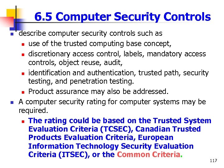 6. 5 Computer Security Controls n n describe computer security controls such as n