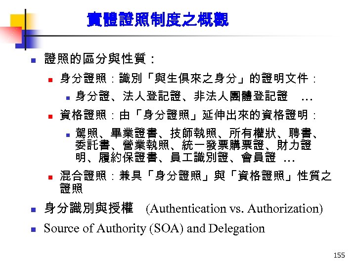 實體證照制度之概觀 n 證照的區分與性質： n 身分證照：識別「與生俱來之身分」的證明文件： n n … 資格證照：由「身分證照」延伸出來的資格證明： n n 身分證、法人登記證、非法人團體登記證 駕照、畢業證書、技師執照、所有權狀、聘書、 委託書、營業執照、統一發票購票證、財力證