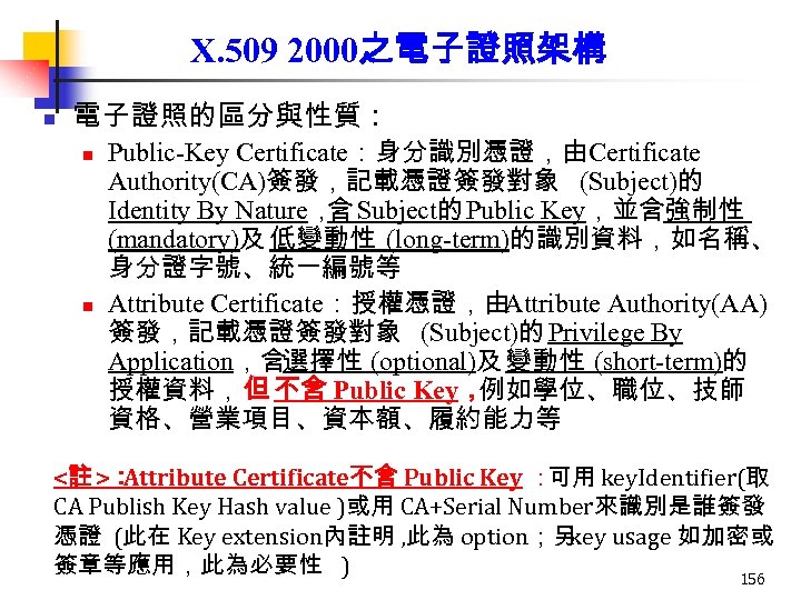 X. 509 2000之電子證照架構 n 電子證照的區分與性質： n n Public-Key Certificate：身分識別憑證，由Certificate Authority(CA)簽發，記載憑證簽發對象 (Subject)的 Identity By Nature，