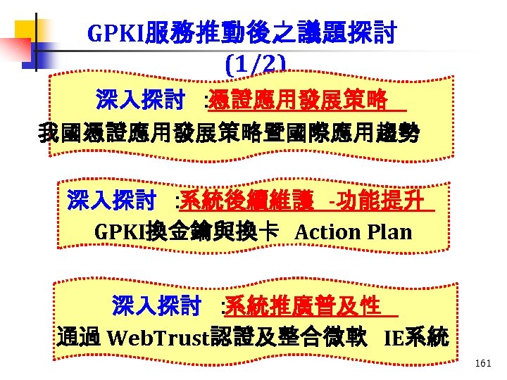 GPKI服務推動後之議題探討 (1/2) 深入探討 ： 憑證應用發展策略 我國憑證應用發展策略暨國際應用趨勢 深入探討 ： 系統後續維護 -功能提升 GPKI換金鑰與換卡 Action Plan 深入探討