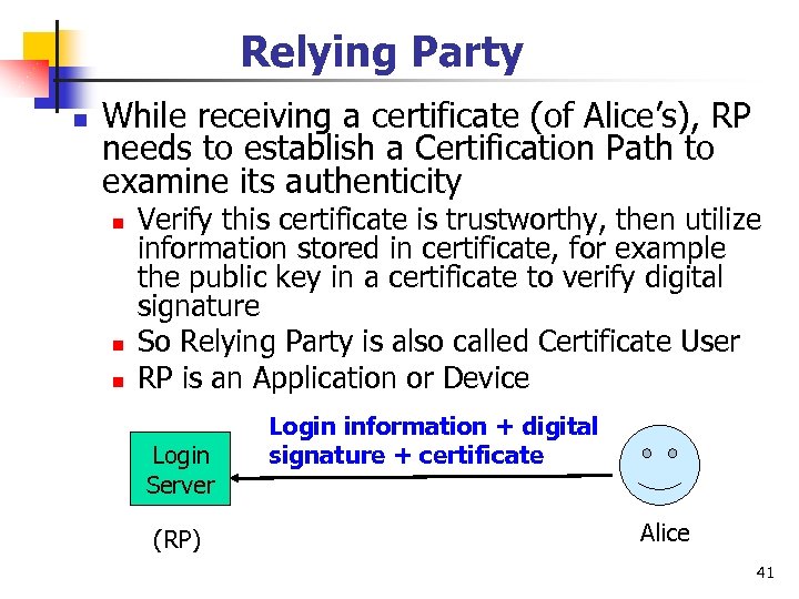 Relying Party n While receiving a certificate (of Alice’s), RP needs to establish a