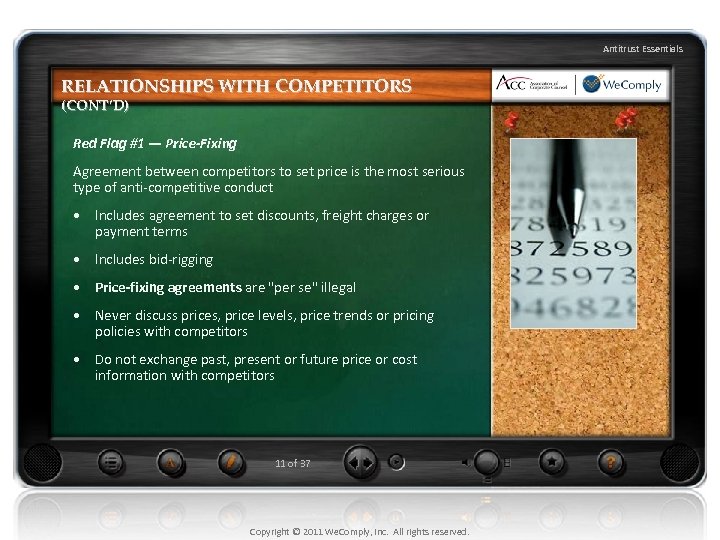 Antitrust Essentials RELATIONSHIPS WITH COMPETITORS (CONT’D) Red Flag #1 — Price-Fixing Agreement between competitors