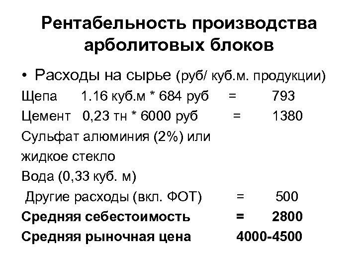 Рентабельность производства арболитовых блоков • Расходы на сырье (руб/ куб. м. продукции) Щепа 1.