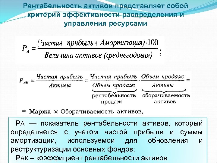 Рентабельность активов представляет собой критерий эффективности распределения и управления ресурсами РА — показатель рентабельности