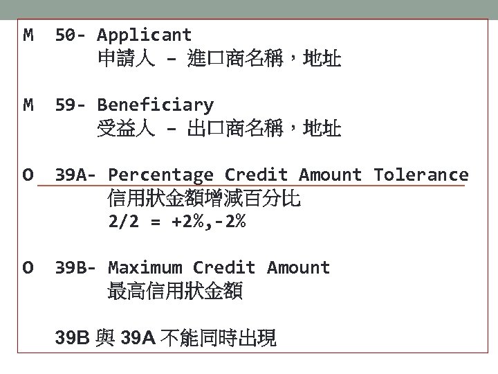 M 50 - Applicant 申請人 – 進口商名稱，地址 M 59 - Beneficiary 受益人 – 出口商名稱，地址