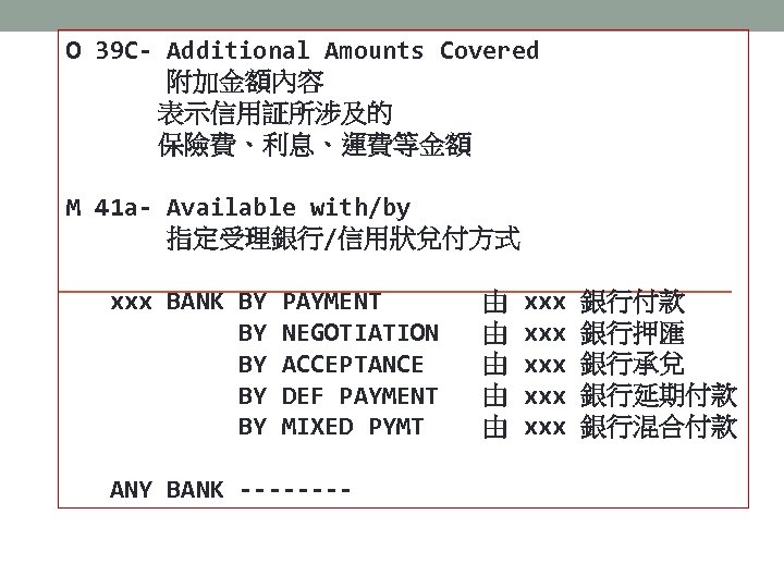 O 39 C- Additional Amounts Covered 附加金額內容 表示信用証所涉及的 保險費、利息、運費等金額 M 41 a- Available with/by