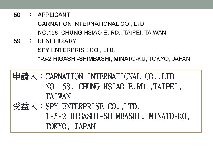申請人：CARNATION INTERNATIONAL CO. , LTD. NO. 158, CHUNG HSIAO E. RD. , TAIPEI, TAIWAN