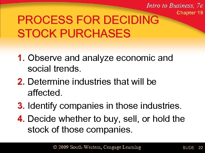 Intro to Business, 7 e PROCESS FOR DECIDING STOCK PURCHASES Chapter 19 1. Observe