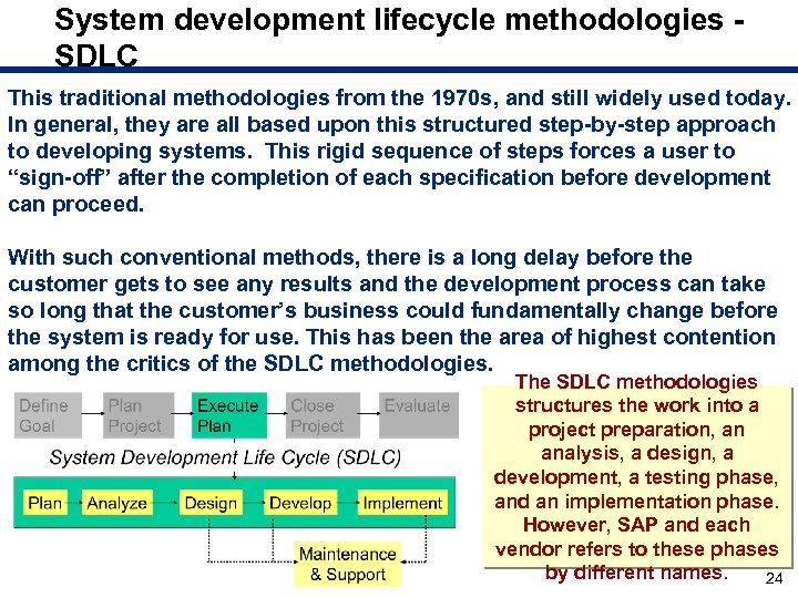 System development lifecycle methodologies SDLC This traditional methodologies from the 1970 s, and still