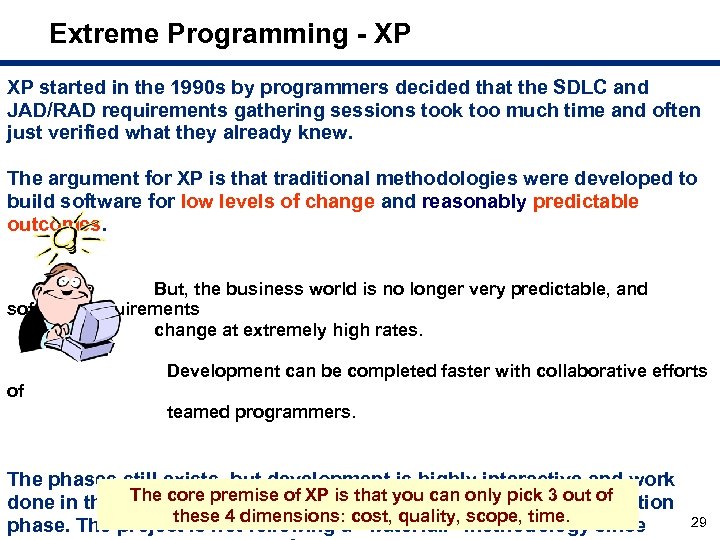 Extreme Programming - XP XP started in the 1990 s by programmers decided that