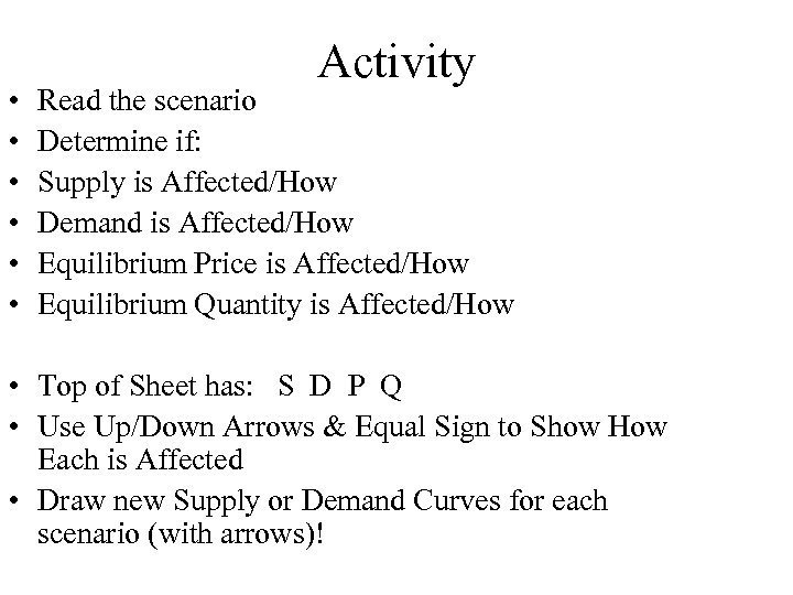  • • • Activity Read the scenario Determine if: Supply is Affected/How Demand