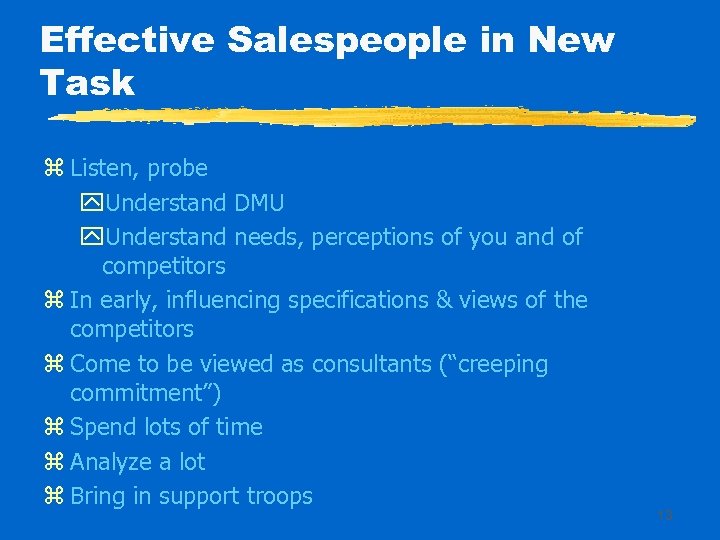 Effective Salespeople in New Task z Listen, probe y. Understand DMU y. Understand needs,