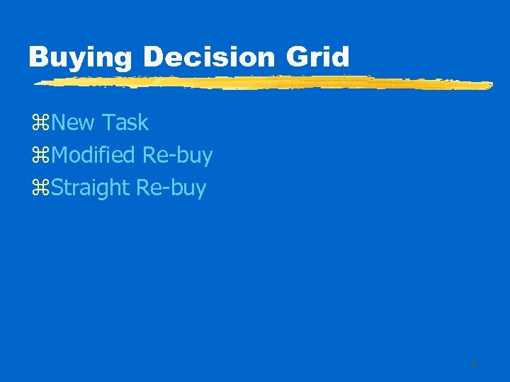 Buying Decision Grid z. New Task z. Modified Re-buy z. Straight Re-buy 8 