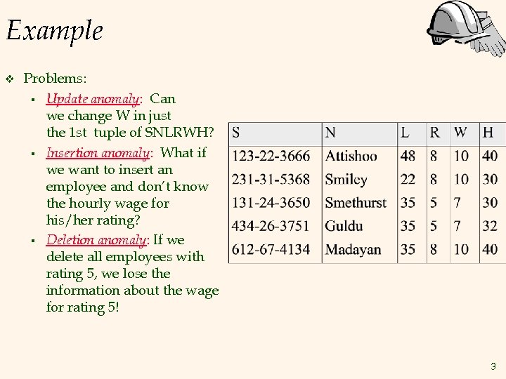 Example v Problems: § Update anomaly: Can we change W in just the 1