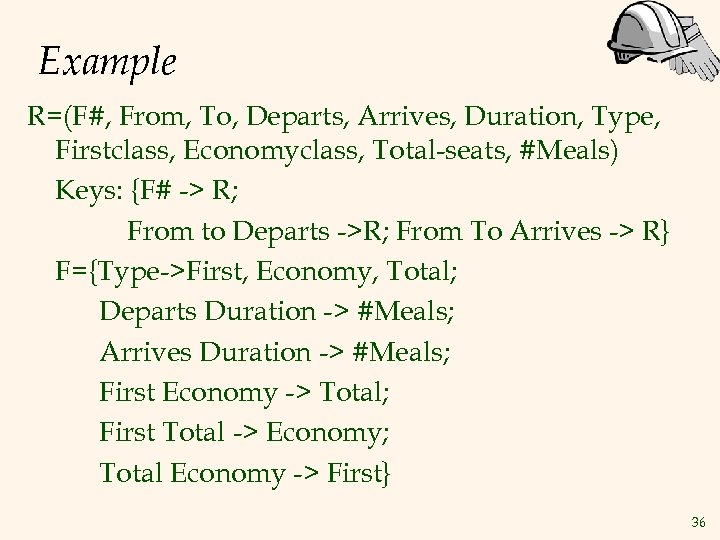 Example R=(F#, From, To, Departs, Arrives, Duration, Type, Firstclass, Economyclass, Total-seats, #Meals) Keys: {F#