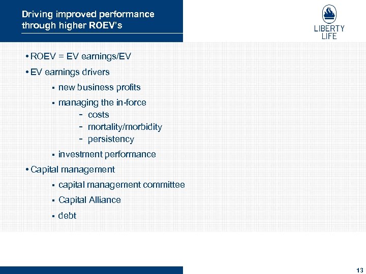 Driving improved performance through higher ROEV’s • ROEV = EV earnings/EV • EV earnings