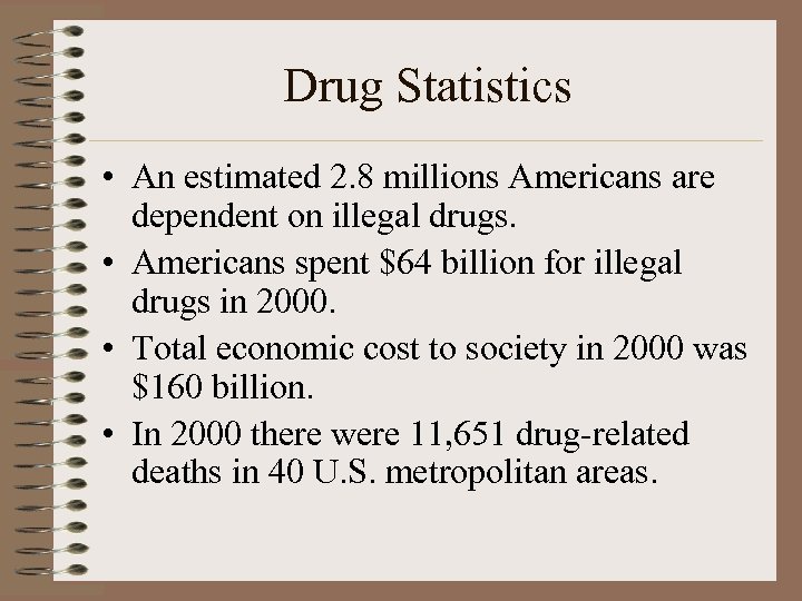 Drug Statistics • An estimated 2. 8 millions Americans are dependent on illegal drugs.