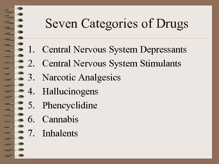 Seven Categories of Drugs 1. 2. 3. 4. 5. 6. 7. Central Nervous System