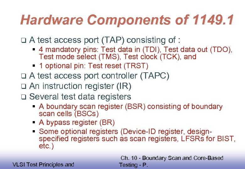 Hardware Components of 1149. 1 q A test access port (TAP) consisting of :