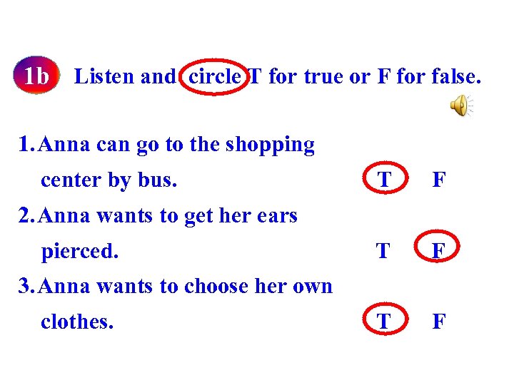 1 b Listen and circle T for true or F for false. 1. Anna