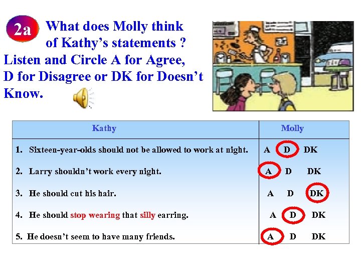 What does Molly think of Kathy’s statements ? Listen and Circle A for Agree,