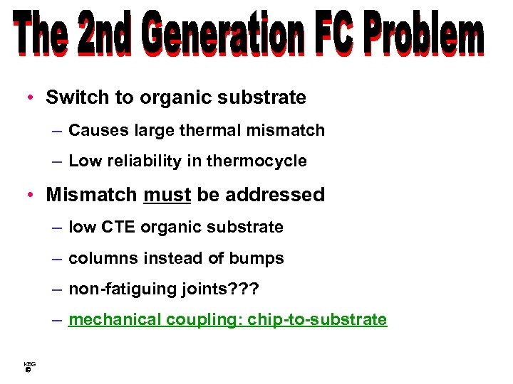  • Switch to organic substrate – Causes large thermal mismatch – Low reliability