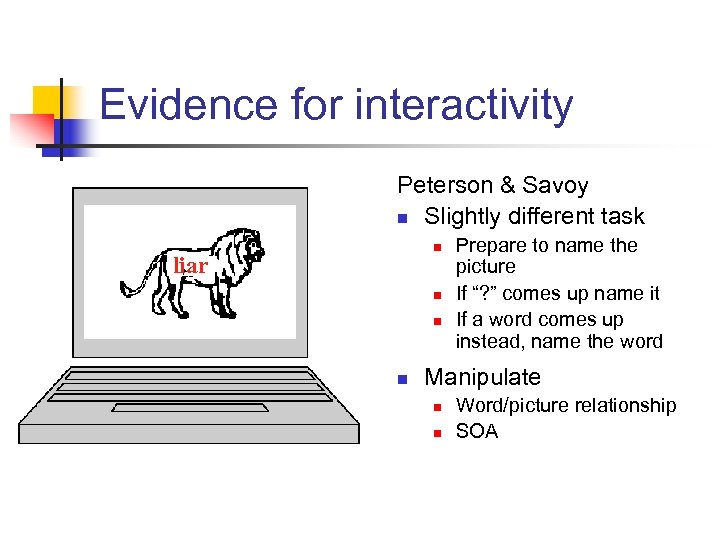 Evidence for interactivity Peterson & Savoy n Slightly different task n liar n n