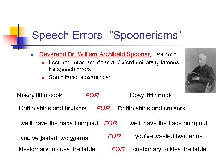 Speech Errors -”Spoonerisms” n Reverend Dr. William Archibald Spooner, 1844 -1930. n n Lecturer,