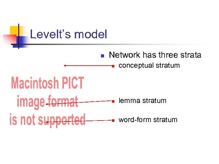 Levelt’s model n Network has three strata n conceptual stratum n lemma stratum n